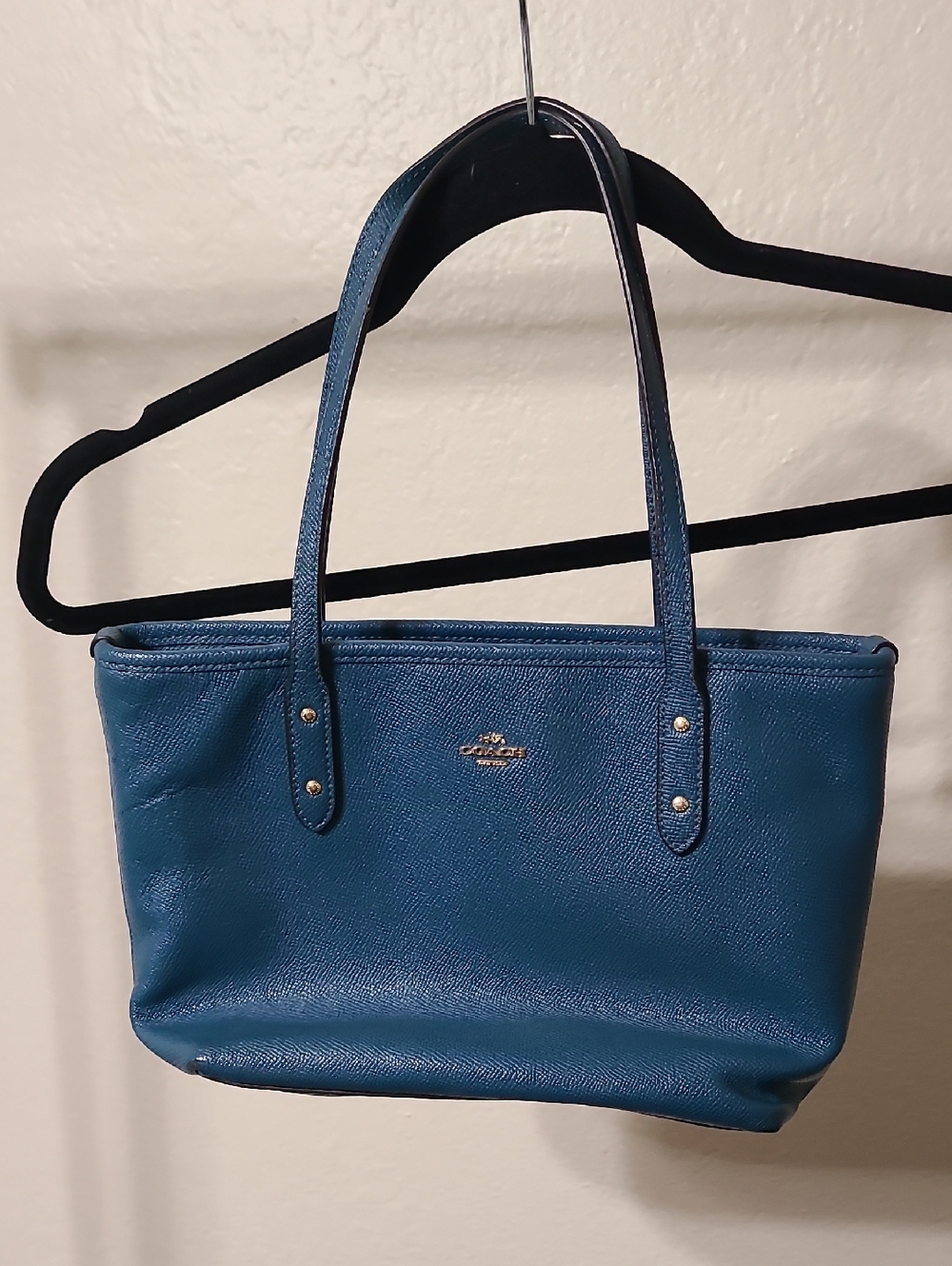 Coach Teal Blue Leather Shoulder Tote with Gold Accent